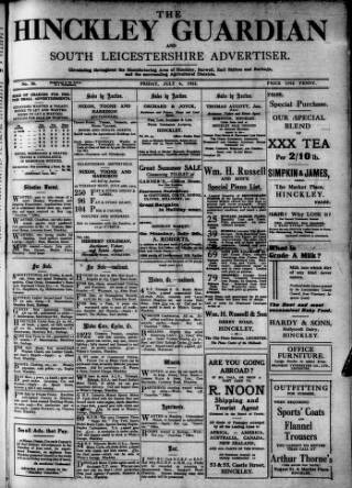 cover page of Hinckley Guardian and South Leicestershire Advertiser published on July 6, 1923