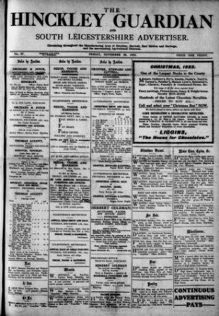 cover page of Hinckley Guardian and South Leicestershire Advertiser published on November 30, 1923
