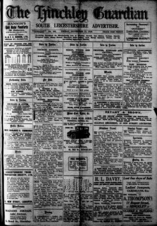 cover page of Hinckley Guardian and South Leicestershire Advertiser published on November 13, 1925