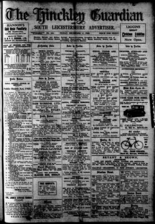 cover page of Hinckley Guardian and South Leicestershire Advertiser published on December 11, 1925