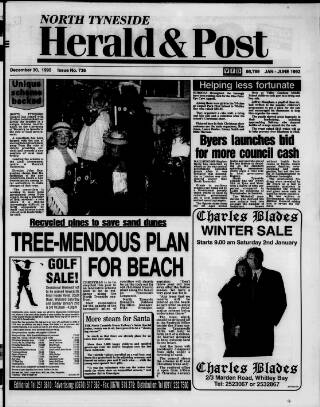 cover page of North Tyneside Herald & Post published on December 30, 1992