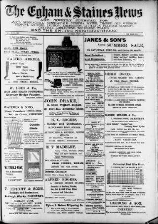 cover page of Egham & Staines News published on July 6, 1907