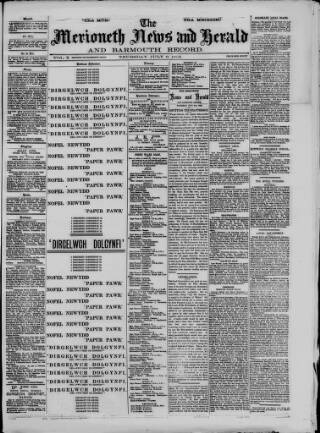 cover page of Merioneth News and Herald and Barmouth Record published on July 6, 1893
