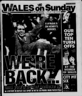 cover page of Wales on Sunday published on November 15, 1998