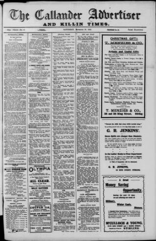 cover page of Callander Advertiser published on November 30, 1918
