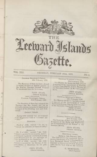 cover page of Leeward Islands Gazette published on February 23, 1893