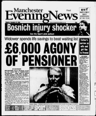 cover page of Manchester Evening News published on November 15, 1999