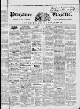cover page of Penzance Gazette published on September 18, 1844