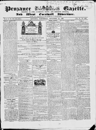 cover page of Penzance Gazette published on November 15, 1848