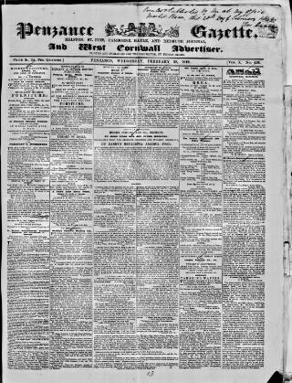 cover page of Penzance Gazette published on February 28, 1849