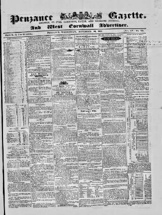 cover page of Penzance Gazette published on November 30, 1853
