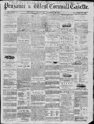 cover page of Penzance Gazette published on December 30, 1857