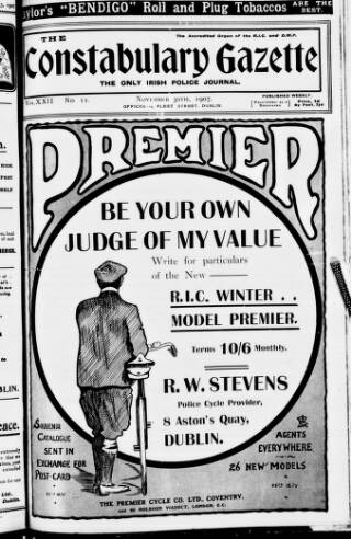cover page of Constabulary Gazette (Dublin) published on November 30, 1907