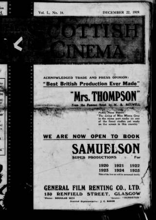 cover page of Scottish Cinema published on December 22, 1919