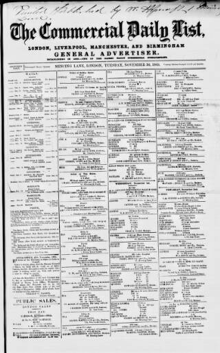 cover page of Commercial Daily List (London) published on November 30, 1869