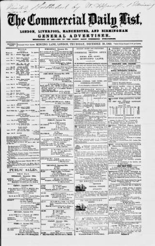 cover page of Commercial Daily List (London) published on December 30, 1869