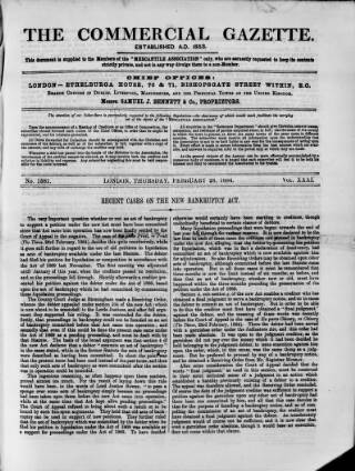 cover page of Commercial Gazette (London) published on February 28, 1884