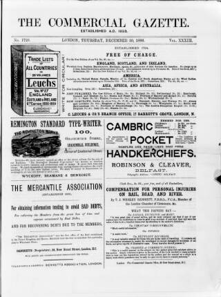 cover page of Commercial Gazette (London) published on December 30, 1886