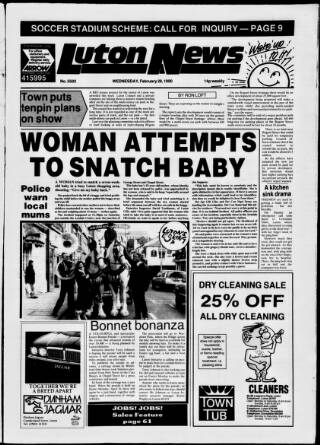 cover page of Luton News and Bedfordshire Chronicle published on February 28, 1990