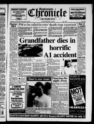 cover page of Biggleswade Chronicle published on September 18, 1992
