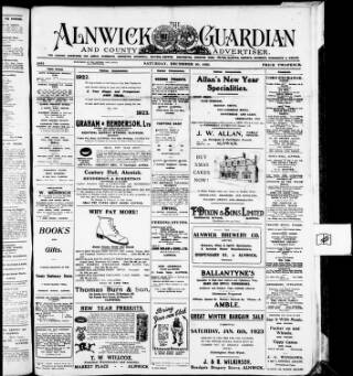 cover page of Alnwick Guardian and County Advertiser published on December 30, 1922