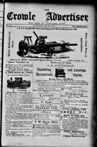 cover page of Crowle Advertiser and Isle of Axholme News published on July 6, 1878