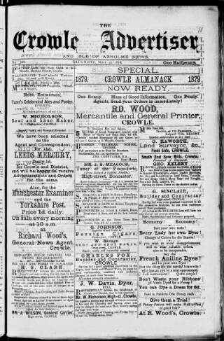 cover page of Crowle Advertiser and Isle of Axholme News published on November 30, 1878