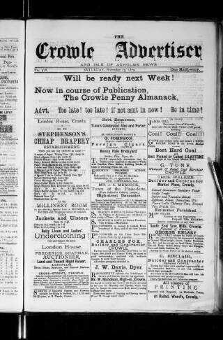 cover page of Crowle Advertiser and Isle of Axholme News published on November 15, 1879