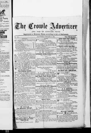 cover page of Crowle Advertiser and Isle of Axholme News published on February 28, 1885