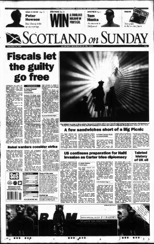 cover page of Scotland on Sunday published on September 18, 1994