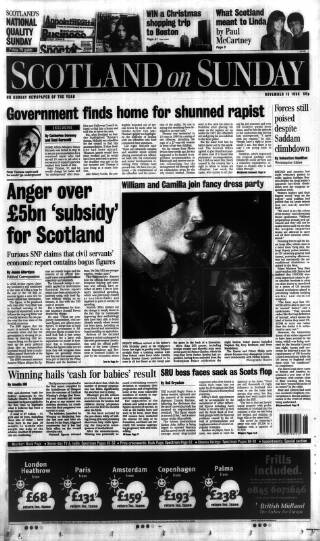 cover page of Scotland on Sunday published on November 15, 1998