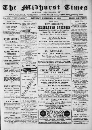 cover page of Midhurst and Petworth Observer published on November 30, 1889