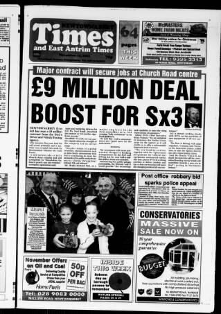 cover page of Newtownabbey Times and East Antrim Times published on November 15, 2001