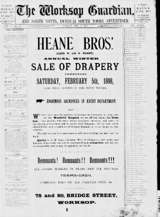 cover page of Worksop Guardian published on February 4, 1898