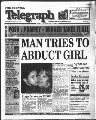 cover page of Peterborough Evening Telegraph published on November 30, 1993