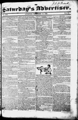 cover page of Liverpool Saturday's Advertiser published on September 18, 1830