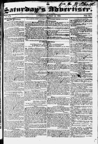 cover page of Liverpool Saturday's Advertiser published on July 14, 1832
