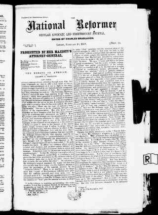 cover page of National Reformer published on February 28, 1869