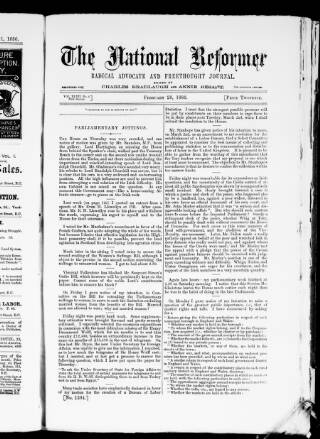 cover page of National Reformer published on February 28, 1886