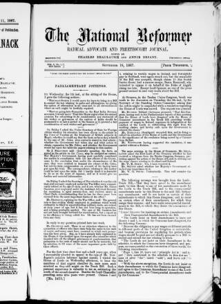 cover page of National Reformer published on September 18, 1887