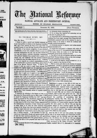 cover page of National Reformer published on December 30, 1888