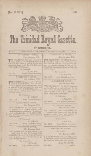 cover page of Trinidad Royal Gazette published on December 30, 1885