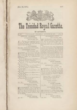 cover page of Trinidad Royal Gazette published on November 30, 1887