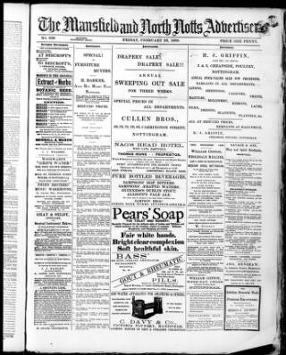 cover page of Mansfield and North Notts Advertiser published on February 22, 1889