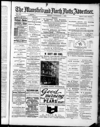 cover page of Mansfield and North Notts Advertiser published on November 1, 1889
