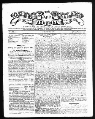 cover page of Orkney and Shetland Journal published on December 1, 1838