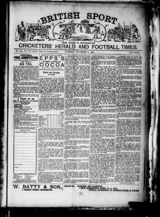 cover page of Cricketers' Herald, Athletic & Football Times published on December 3, 1889