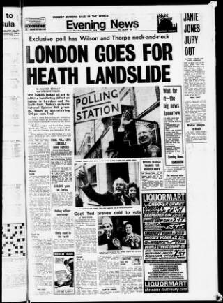 cover page of Evening News (London) published on February 28, 1974