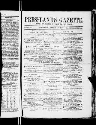 cover page of Pressland's Gazette published on February 21, 1882