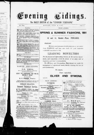 cover page of Cornish Evening Tidings published on July 6, 1891